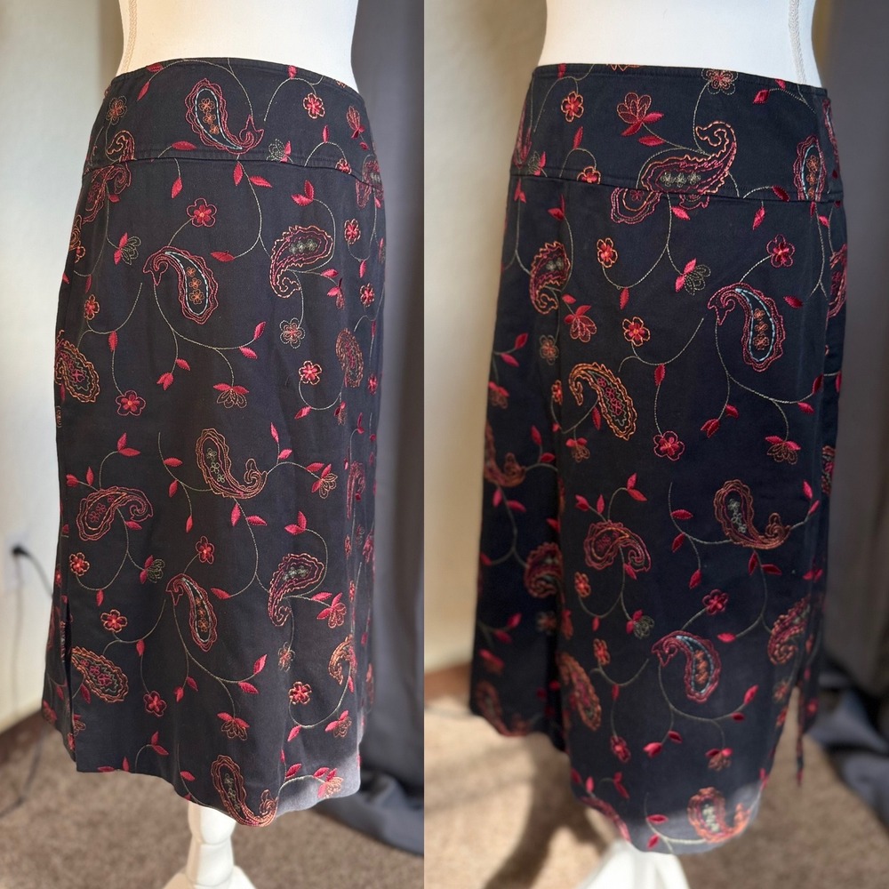 Vintage Harold's Black Embroidered Paisley Floral Pencil Skirt 6 Side Slits